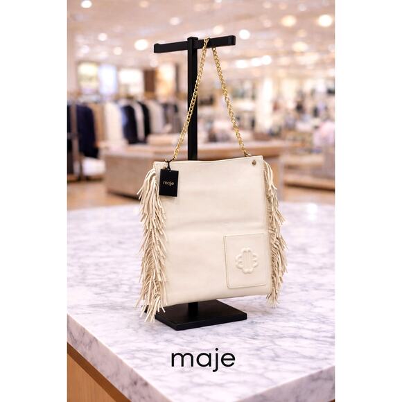 Maje Handbags - Maje Clover Fringed Sheepskin Leather Bag Vanilla Ecru 14.5" x 12"